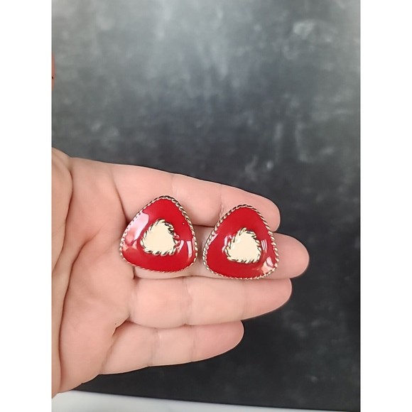 Vintage White And Red Triangular Enamel Stud Earrings - Picture 1 of 10